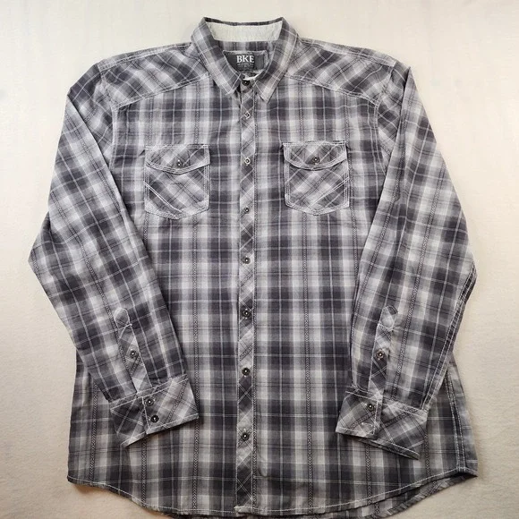 BKE Buckle Shirt Men XL Western Black Gray White Plaid Long Sleeve Metal Buttons - Picture 2 of 12